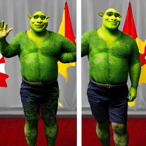 Image similar to justin trudeau cosplaying as shrek, 7 2 0 p, realistic, controversial photo