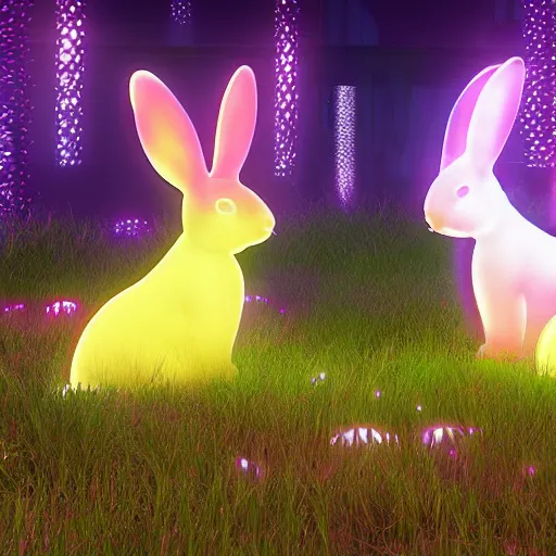 Image similar to neon fluorescent, iridescent cute bunny rabbits with fairy wings cyperpunk 2 0 7 7, unreal engine 5, 8 k ultra realistic, hyperdetailed, volumetric lighting, extremely high quality