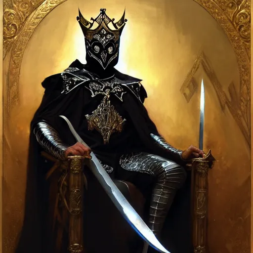 Prompt: full body portrait of masked king in black gothic robes sitting on a throne of swords, elegant, highly detailed painting by gaston bussiere, craig mullins, j. c. leyendecker, 8 k, mid shot