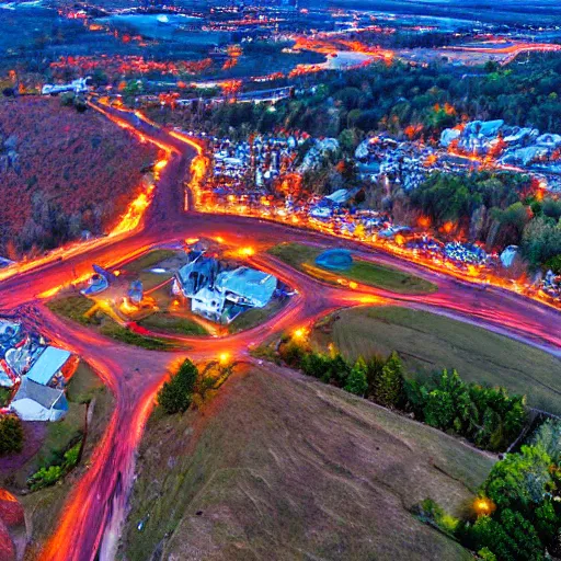 Prompt: birds eye view of a small town in pennsylvania with a gate to hell opening in the middle of it, high resolution photograph, intense, dawn light