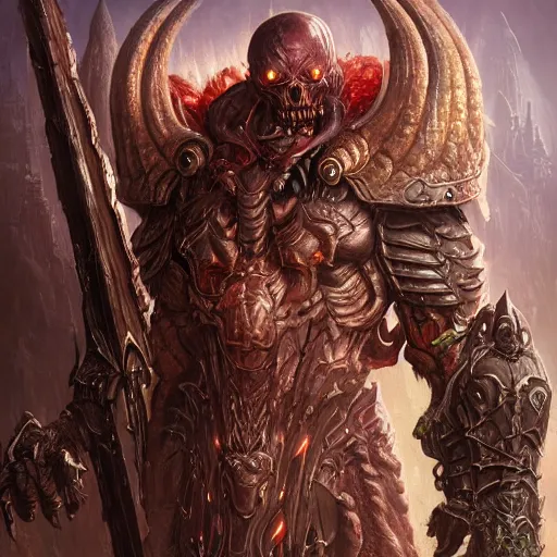 Image similar to Dark Lord from doom eternal, au naturel, hyper detailed, digital art, trending in artstation, cinematic lighting, studio quality, smooth render, unreal engine 5 rendered, octane rendered, art style by klimt and nixeu and ian sprigger and wlop and krenz cushart