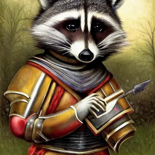 Image similar to a cute raccoon dressed as a knight, cute face, digital painting by Mark Ryden, cute and lovely, high detail,