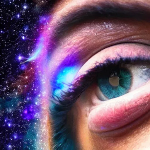 Prompt: close - up photo of woman's eyes filled with cosmic nebula, wonder, awe, dramatic