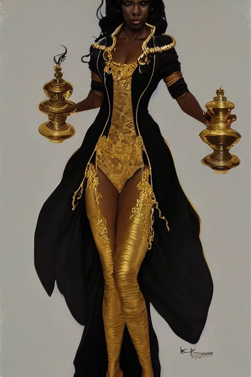 Prompt: Full body Portrait of a Holy Necromancer, black female, beautiful, golden robes, white pants, exquisite black accessories, golden corset, highly detailed, smooth, sharp focus, digital painting, illustration, fantasy, by Krenz Cushart and Artem Demura and alphonse mucha, artstation, cgsociety