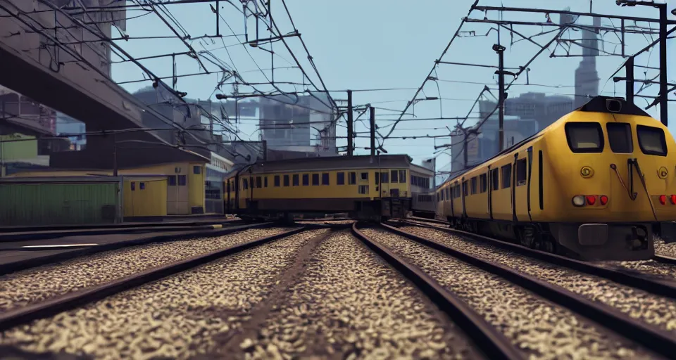 Image similar to CJ missing the train in Grand Theft Auto San Andreas and falling off his dirtbike onto the train tracks, 3D video game, octane render, depth of field, unreal engine 5, full of color, trending on artstation, ultra high detail, ultra realistic, cinematic, focused, 8k