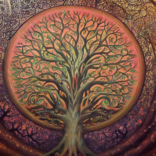 Image similar to A 100 year old ancient huge glowing tree of life, fantasy painting, lots of detail