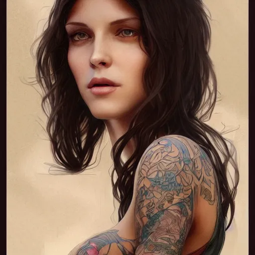 Prompt: ultra realistic illustration, a hot brunette tattooed slavic woman in her late 2 0's, intricate, elegant, highly detailed, digital painting, artstation, concept art, smooth, sharp focus, illustration, art by artgerm and greg rutkowski and alphonse mucha