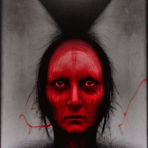 Image similar to portrait photo of a woman by Zdzislaw Beksinski, black eyes, red lines are wrapped around her
