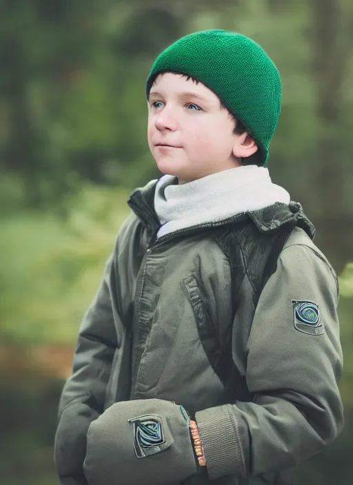 Image similar to portrait photo still of real life young stan marsh wearing a green trapper hat, 8 k, 8 5 mm, f. 1 4