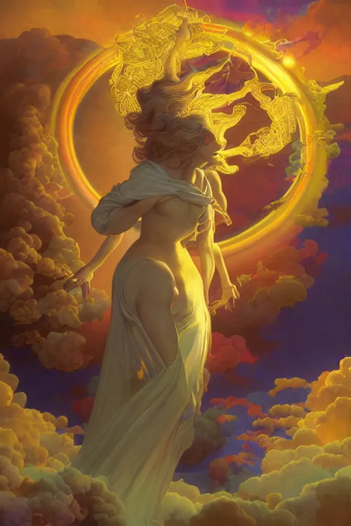 Prompt: beautiful woman opening portal to heaven and hell, vivid color, complementary color, golden ratio, detailed, sharp lines, sharp focus, intricate, rainbowshift, by maxfield parrish, by peter mohrbacher, by gustave dore, by artgerm, by alphonse mucha, deviantart, octane render