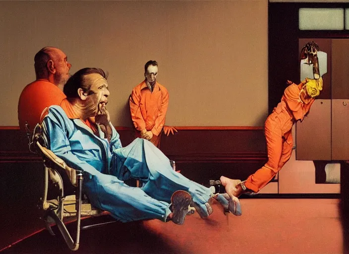 Image similar to a still from the movie one flew over the cuckoo's nest by francis bacon and norman rockwell and james jean, and mark brooks, triadic color scheme, by greg rutkowski, syd mead and edward hopper and norman rockwell and beksinski, dark surrealism, orange and turquoise