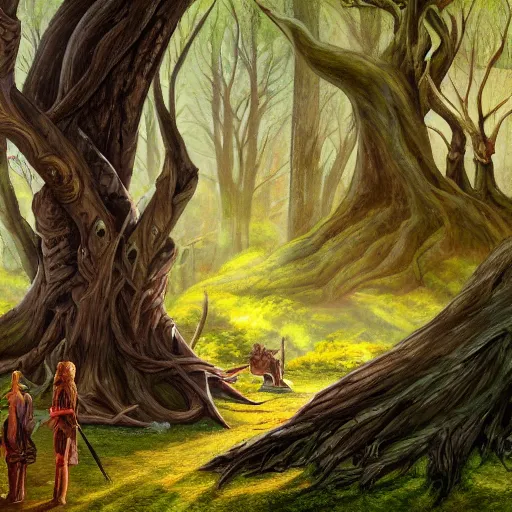 Prompt: painting of the silhouette of two elven warriors in the distance, standing on a big tree root in a deep giant forest, by kev walker, acrylic washes and colored pencils, brilliantly colored painting, fantasy, trending on artstation, intricate, 8 k