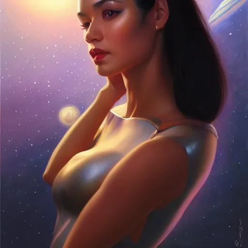 Image similar to a portrait of a very beautiful woman in a spacesuit, Alexandria\'s genesis, shoulder-length black hair, bored, illustration, soft lighting, soft details, painting oil on canvas by mark arian by artgerm, trending on artstation, 4k, 8k, HD