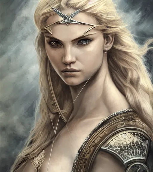 Image similar to portrait of astonishing aphrodite goddess as an archer warrior, arrow, beautiful piercing eyes, flowing blonde hair, realistic face, black and white drawing, in the style of greg rutkowski, fantasy, amazing detail, epic, intricate, elegant, smooth, sharp focus