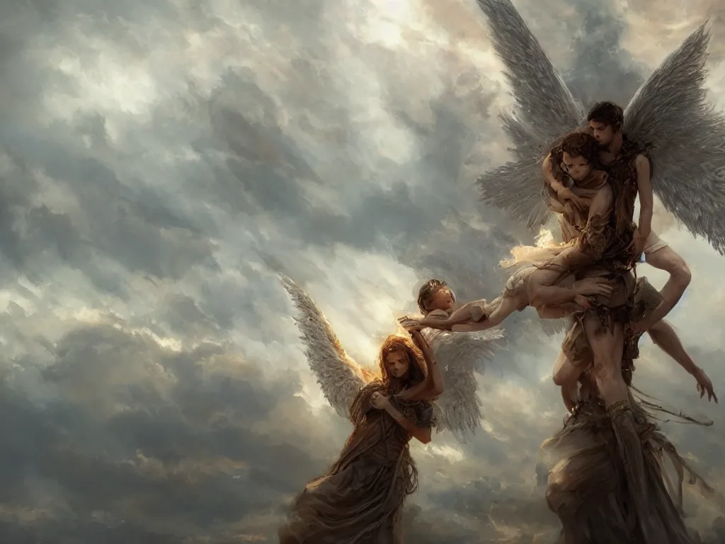 Prompt: angel carries a burning man in his arms in the clouds, fantasy art, award winning, dark fantasy, fantasy magic, intricate, elegant, sharp focus, cinematic lighting, highly detailed, digital painting, concept art, art by wlop and artgerm and greg rutkowski, masterpiece, trending on artstation, 8 k