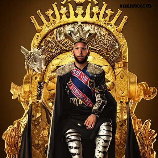 Prompt: sergio ramos as a king on throne, 4 k post processing, unreal engine, aesthetic!!!!!!!, intricate, ultra detailed, artstation style