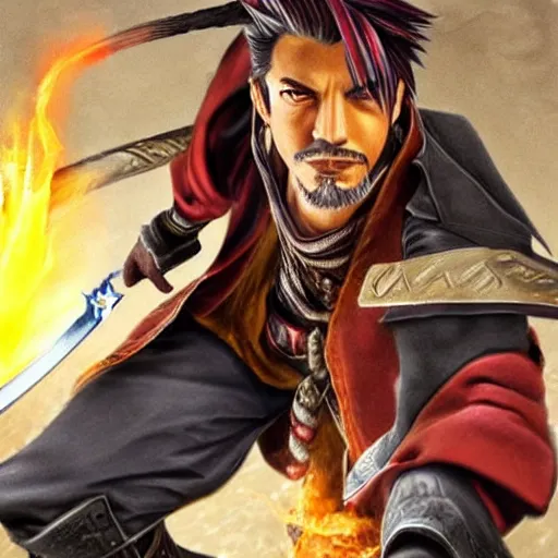 Prompt: Auron from Final Fantasy X played by Robert Downy Jr