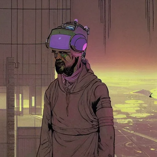 Image similar to Beggar priest with cyberpunk headset in busy spaceport on luna 5 colony. Concept art by James Gurney and Mœbius.