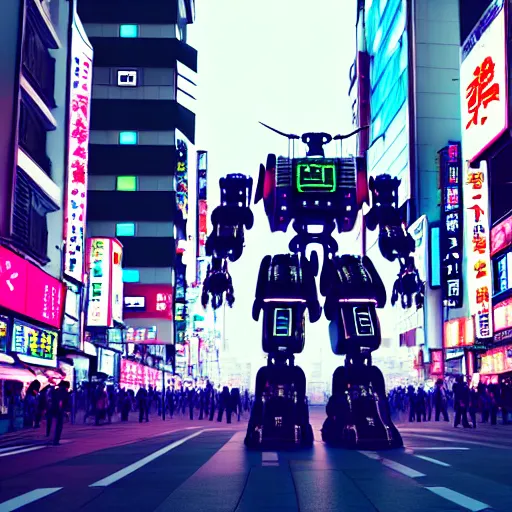 Image similar to market in japan, cyberpunk style, big mecha - bot in center of field on first plan, bright neon signs, sunny weather, octane render, 3 d render, hard surface, trending on artstation, featured on pixiv, hyper - detailed, hd, hdr, 4 k, 8 k