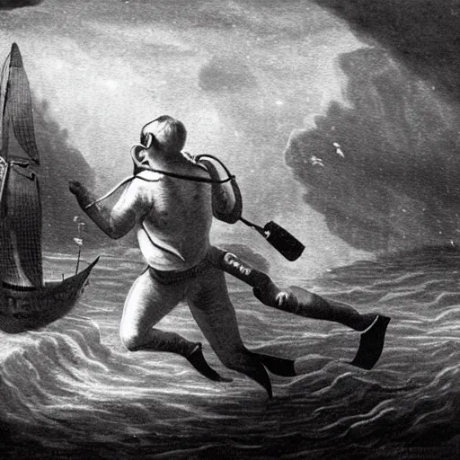Prompt: scuba diving in the 1700s, horror, hyper realistic, dark,