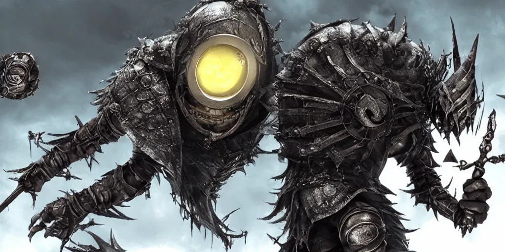 Image similar to minion as a darksouls boss, horror, hd, screenshot,