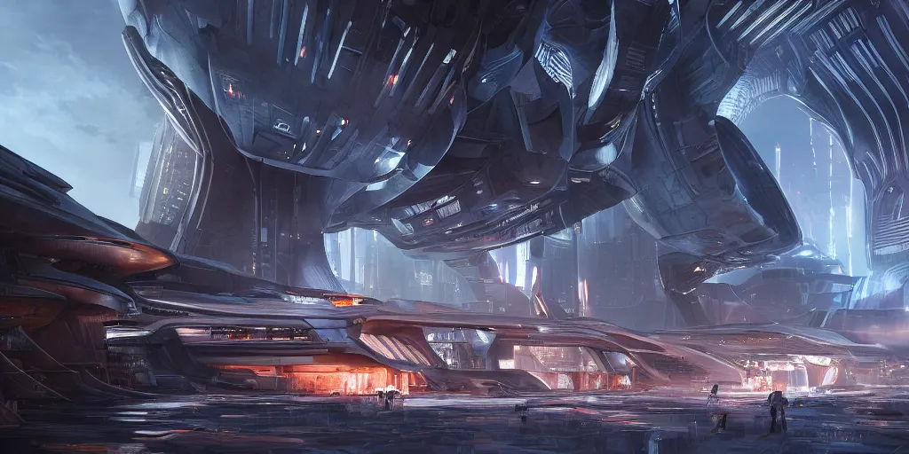 Prompt: a futuristic exterior mass effect and bladerunner building under ground, built inside large tower rocky cliffs, multi - layer, large turbine at the center, large pipes, metal cladding wall, intricate wires, some stalls, back alley, intricate bridges between buildings, some floating billboards, backlit, shadow play, by eddie mendoza, syd mead