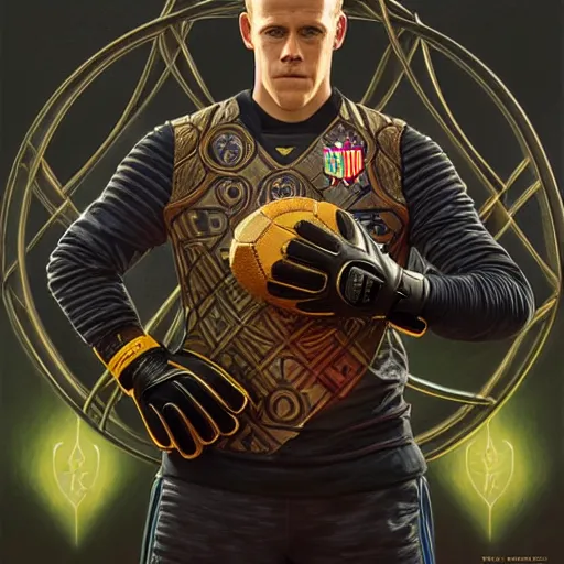 Image similar to Ter Stegen holding a bomb, goalkeeper, football pitch, D&D, fantasy, intricate, elegant, highly detailed, digital painting, artstation, concept art, matte, sharp focus, illustration, art by Artgerm and Greg Rutkowski and Alphonse Mucha