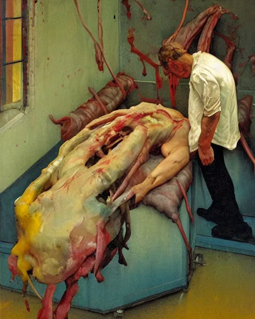 Prompt: couple embracing each other inside a cold slaughterhouse room in the style of Francis Bacon and Syd Mead and Norman Rockwell and Beksinski, hanging beef carcasses, slaughterhouse, open ceiling, highly detailed, lovers embracing painted by Francis Bacon and Edward Hopper, painted by James Gilleard, surrealism, airbrush, very coherent, triadic color scheme, art by Takato Yamamoto and James Jean