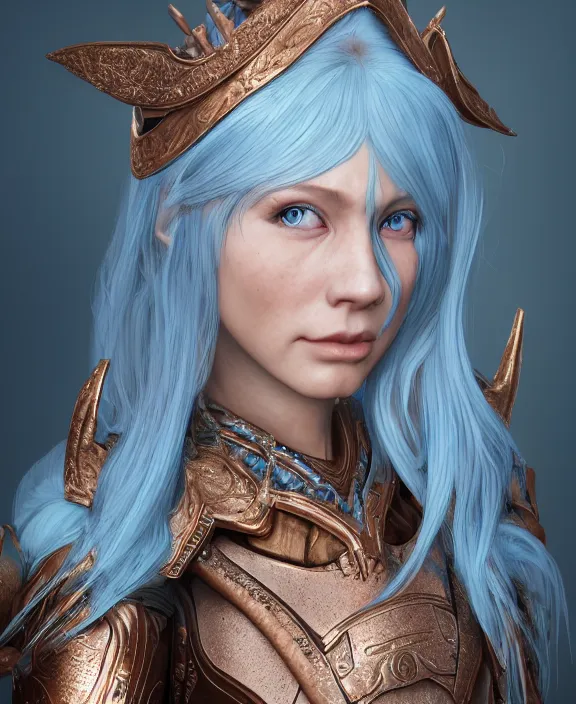 Prompt: a beautiful and highly detailed digital portrait of a dignified elf with long blue hair in a rose gold armor breastplate by artgerm, julia razumova, and lu ji, centered, artsation contest winner, cgsociety, fantasy art, cryengine, concept art, photorealism, daz 3 d, sketchfab, zbrush, vray