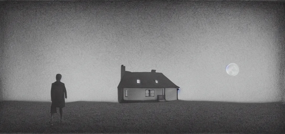 Prompt: minimalistic house in the wood, big moon, walking boy, artwork by Rene Magritte, night, pinhole analogue photo quality, monochrome, blur, unfocus, cinematic, 35mm