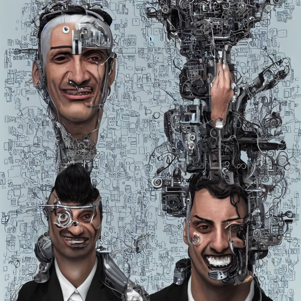 Prompt: A portrait photo of a latino mad scientist male with cyborg face looking at the camera with a queasy smile!!, wearing a black suit under a white laboratory coat, in a mixed style of Botticelli and Æon Flux!!, inspired by Simon Stålenhag paintings, and cyberpunk!!!, stunningly detailed, stunning inking lines, flat colors, 4K photorealistic