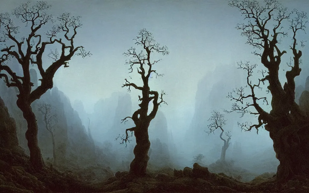 Image similar to valley of berchtesgarden, a gnarly old oak in a shroud of mist and ghosts, by caspar david friedrich