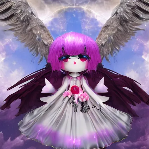 Prompt: cute fumo plush of a divine angel, gothic maiden, ribbons and flowers, ruffled wings, feathers raining, particle simulation, clouds, vray, outline glow lens flare, divine wrath of the fiery retribution