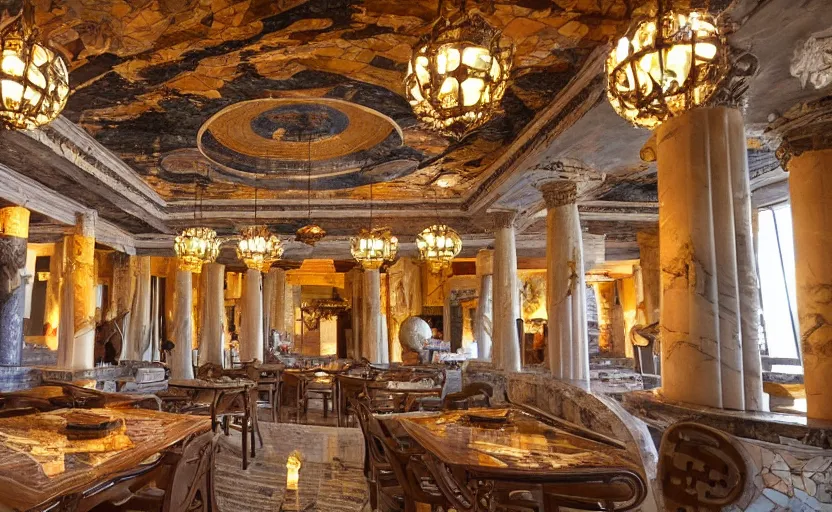 Image similar to interior of an atlantis themed restaurant, ancient greek style, mosaics, pillars, marble, golden details, tables, atmospheric lighting