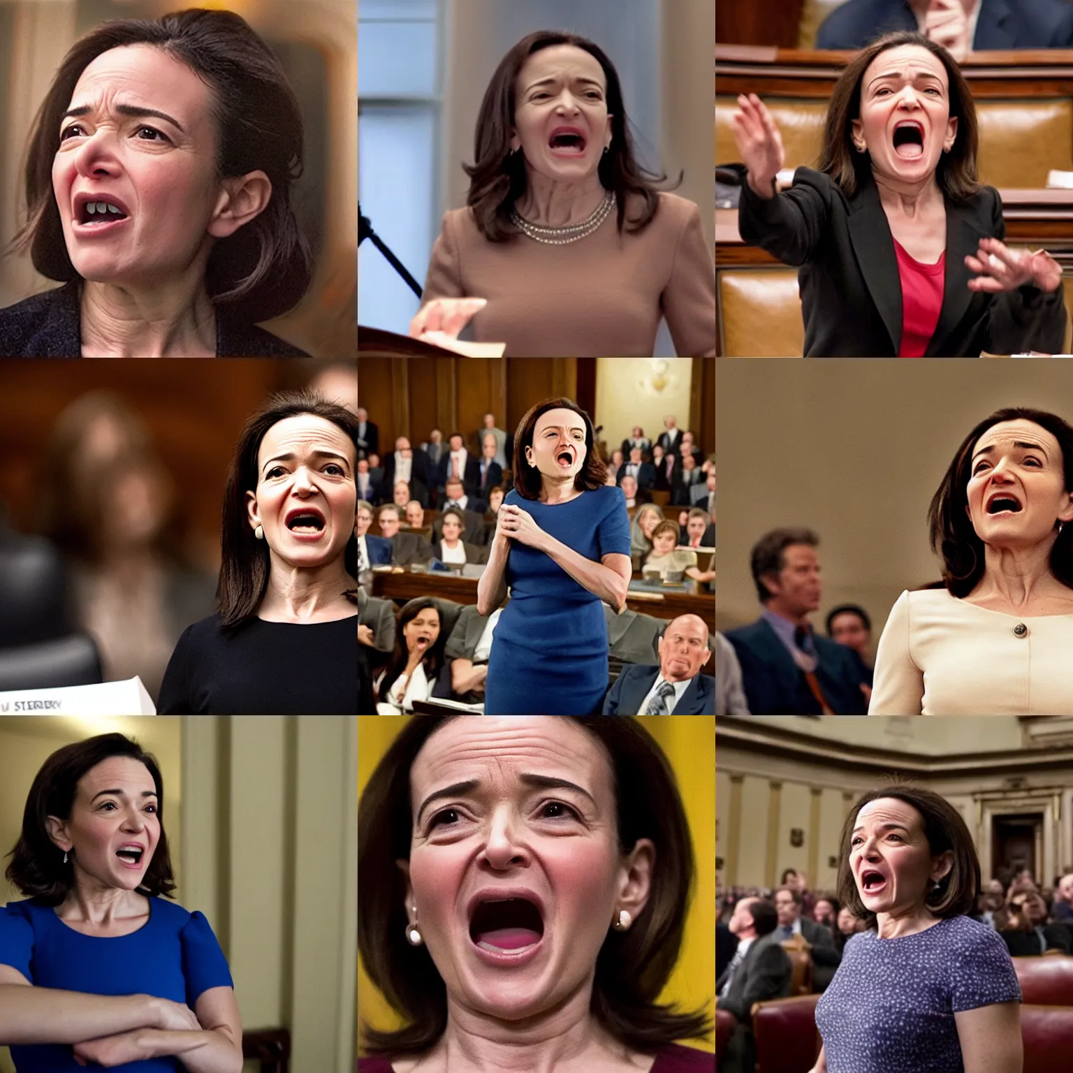 Prompt: Movie still of a tired, old, and ugly Sheryl Sandberg standing up and screaming at Congress in Facebook The Movie (2017), directed by Steven Spielberg