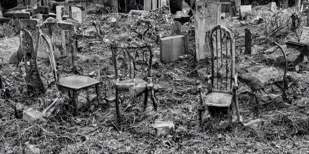 Prompt: corrupted evil cursed chair in an abandoned grave yard