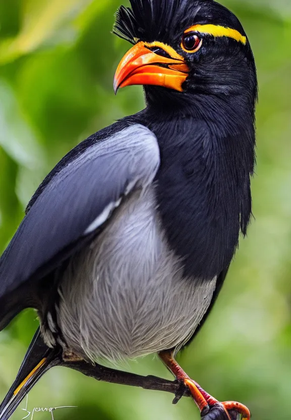 Prompt: exquisite feather detail in this photo of a grosbeak starling or myna, endemic to sulawesi, by jp photography