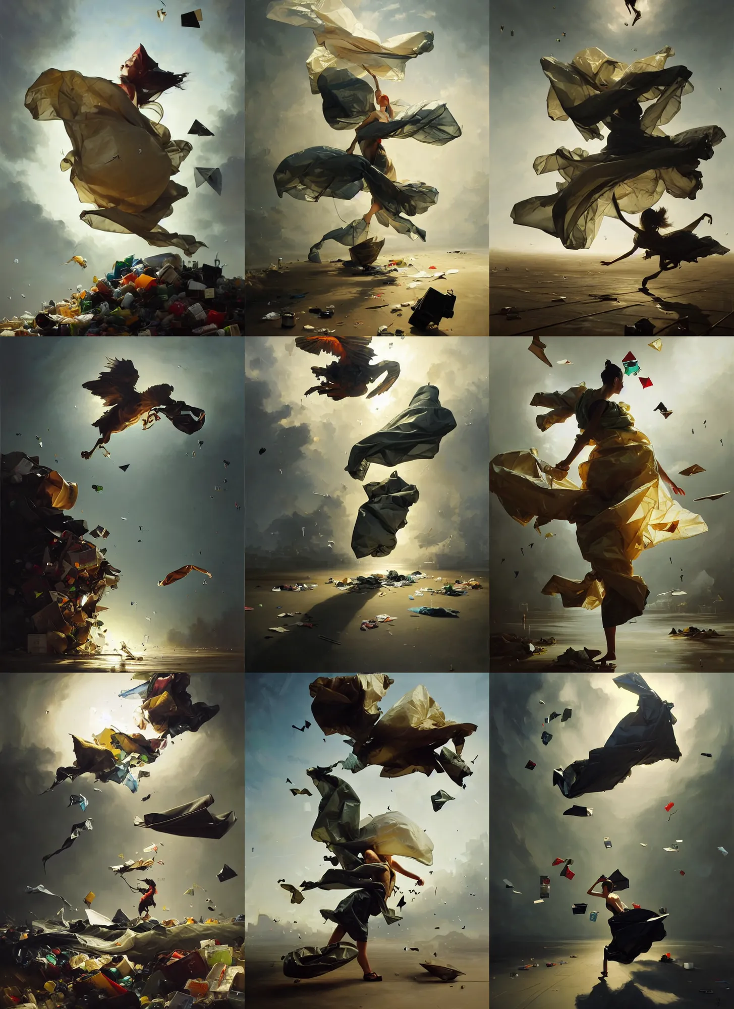 Image similar to fine art oil painting of a plastic garbage bag and garbage flying around, perspective, ultra detailed, elegant, intricate, dynamic lighting, hyperrealism, sharp focus, art by peter mohrbacher and ashley wood and andrei riabovitchev