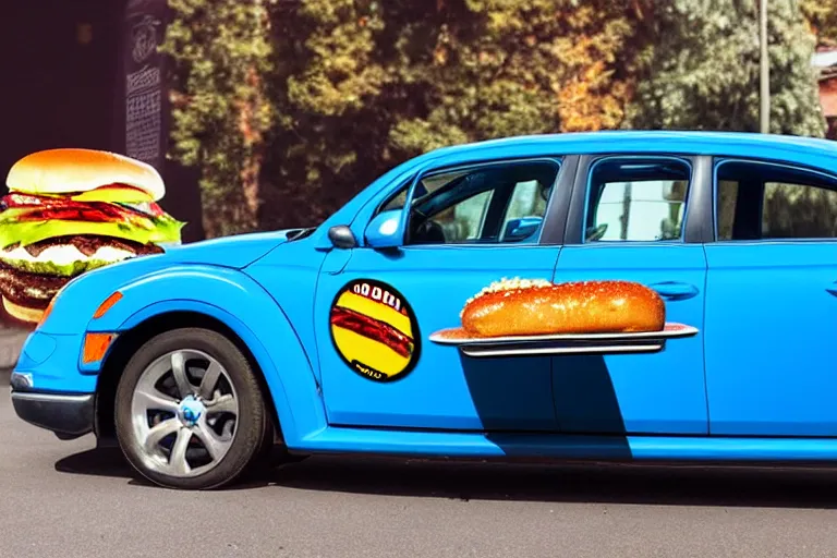 Image similar to a blue beetle car with burgers for wheel rims