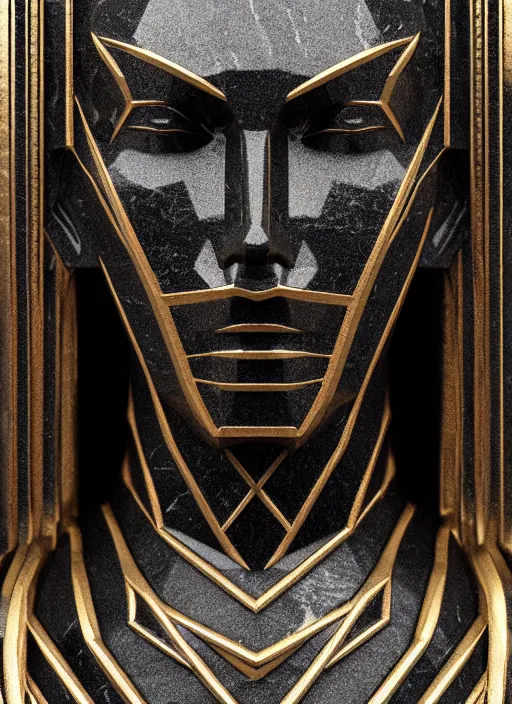 Image similar to stylized onyx black gold lines dark severe lighting ornate statue full body made of marble of judas, perfect symmetrical body, perfect symmetrical face, hyper realistic, hyper detailed, by johannen voss, by michelangelo, octane render, blender, 8 k, displayed in pitch black studio room