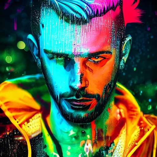 Image similar to splashes of neon clouds, mowhawk, suspenders, punk portrait made out of paint with rain in the background, trending on artstation, epic composition, emotional, beautiful, rendered in octane, highly detailed, realistic, comic book art, sharp focus, matte painting, unreal engine