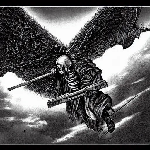 Prompt: a badass professional illustration of the grim reaper hovering in the sky by kentaro miura, hyper - detailed masterpiece