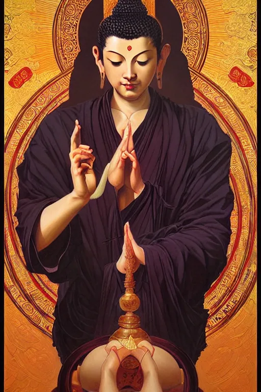Image similar to buddhism, taoism, painting by greg rutkowski, j. c. leyendecker, artgerm
