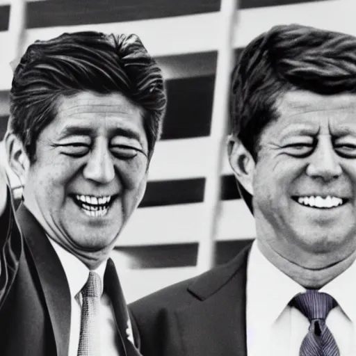 Prompt: shinzo abe and jfk pointing pistols at each other and laughing, photo style