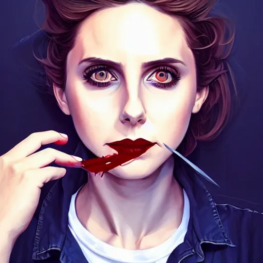 Image similar to loish, artgerm, Joshua Middleton art, pretty Alison Brie serial killer holding bloody knife in right hand, blood on clothes and face, sarcastic smile, symmetrical eyes, symmetrical face, jean jacket, jeans, short blonde hair, middle shot, night time, deep blacks