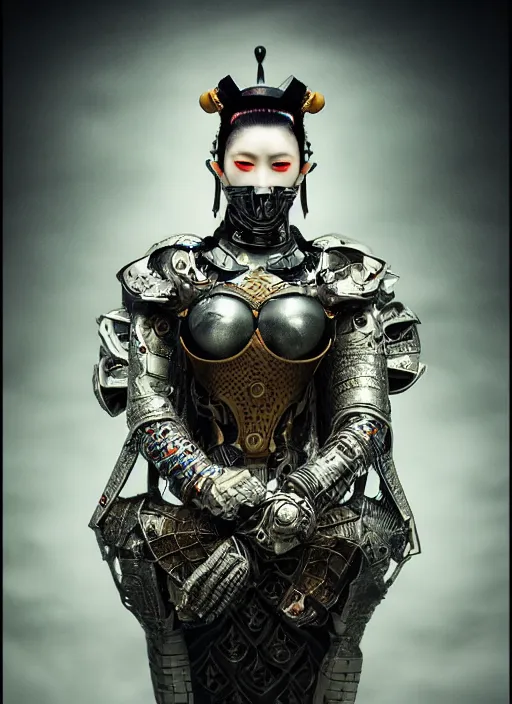 Image similar to portrait of futuristic king arthur knight cyborg geisha, kintsugi, modern fine art, fractal, intricate, elegant, highly detailed, digital photography, subsurface scattering, in the style of ghost, by jheronimus bosch and frank miller and greg rutkowski,