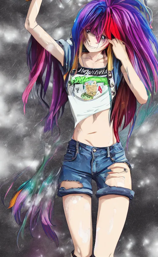 Prompt: anime, grungy woman with rainbow hair, drunk, angry, soft eyes and narrow chin, dainty figure, long hair straight down, torn overalls, skimpy shorts, combat boots, fishnet stockings, basic white background, side boob, in the rain, wet shirt, symmetrical, single person, style of by Jordan Grimmer and greg rutkowski, crisp lines and color,