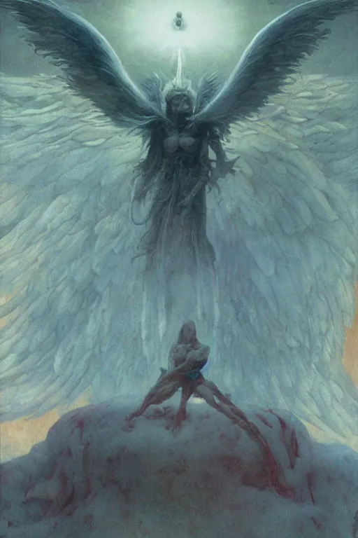 Image similar to giant white glowing angel rising above fallen demon lying on the foggy ground by wayne barlowe, wes anderson, arnold bocklin, roger dean, mikalojus konstantinas ciurlionis, mikhail vrubel and wadim kashin, rich moody colours, 9 0 - s anime, ethereal, lo - fi retro videogame