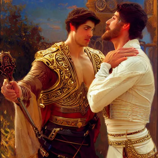 Image similar to attractive fully clothed king confesses his love for his attractive fully clothed male prince. highly detailed painting by gaston bussiere, craig mullins, j. c. leyendecker 8 k