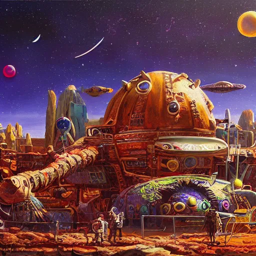 Prompt: spaceport orbiting ancient post - apocalyptic planet, jim henson creature shop, vivid and colorful, thomas kincaid, cinematic, oil painting, highly detailed, illustration